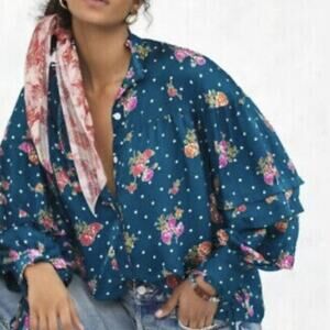 Anthropologie Blue Pink Floral Polka Dot Button Down Blouse S